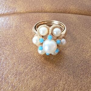 Avon Gold Ring with Pearl and Blue Accents